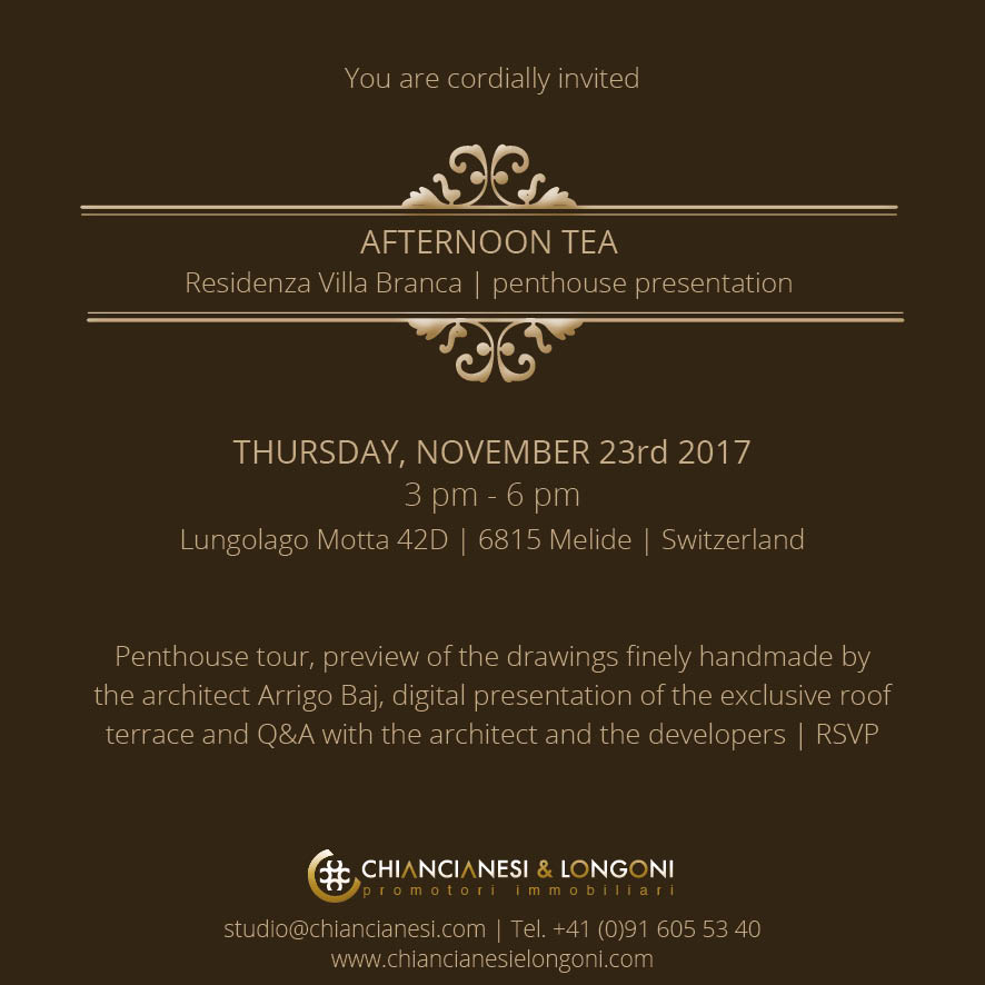 Chiancianesi & Longoni organizzano un Afternoon Tea a Villa Branca il 23 novembre