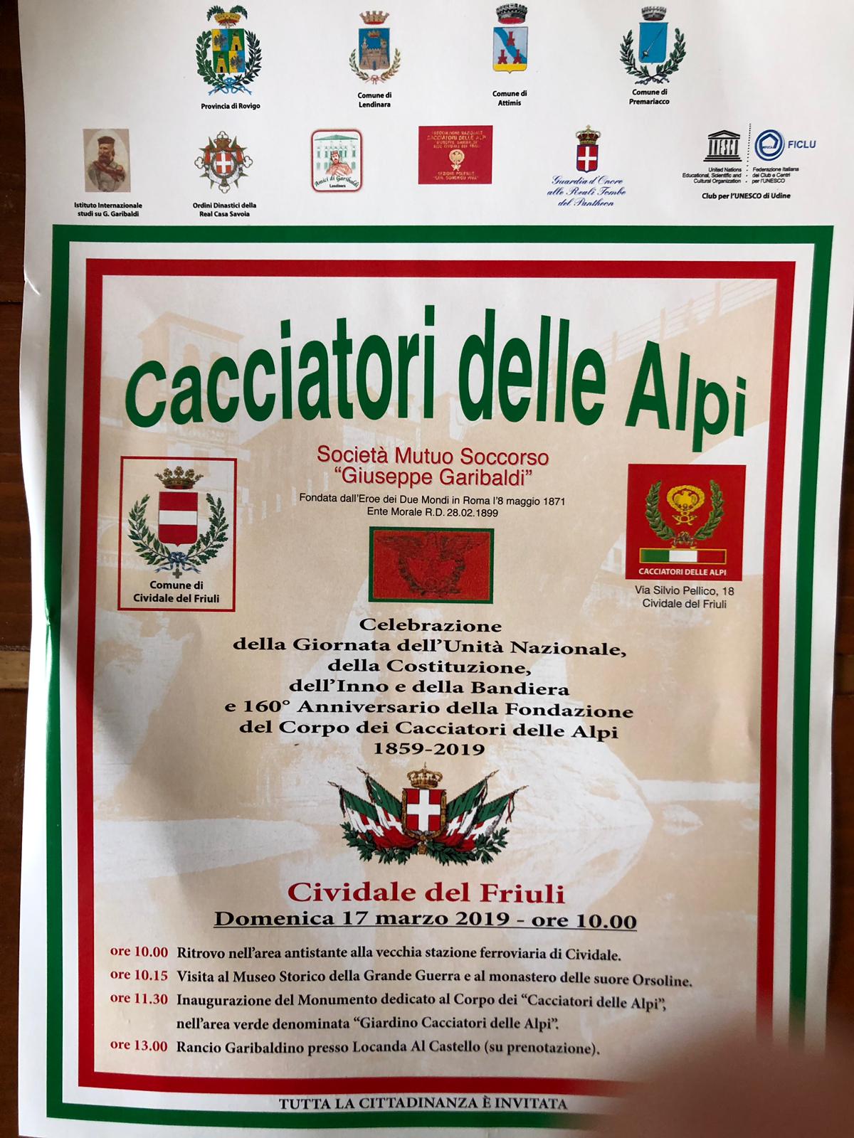 Cividale del Friuli:Inaugurazione Monumento ai Cacciatori delle Alpi.17 marzo 2019