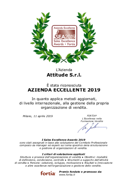 Assegnati i Sales Excellence Awards 2019: Attitude Ltd premiata come azienda eccellente 2019