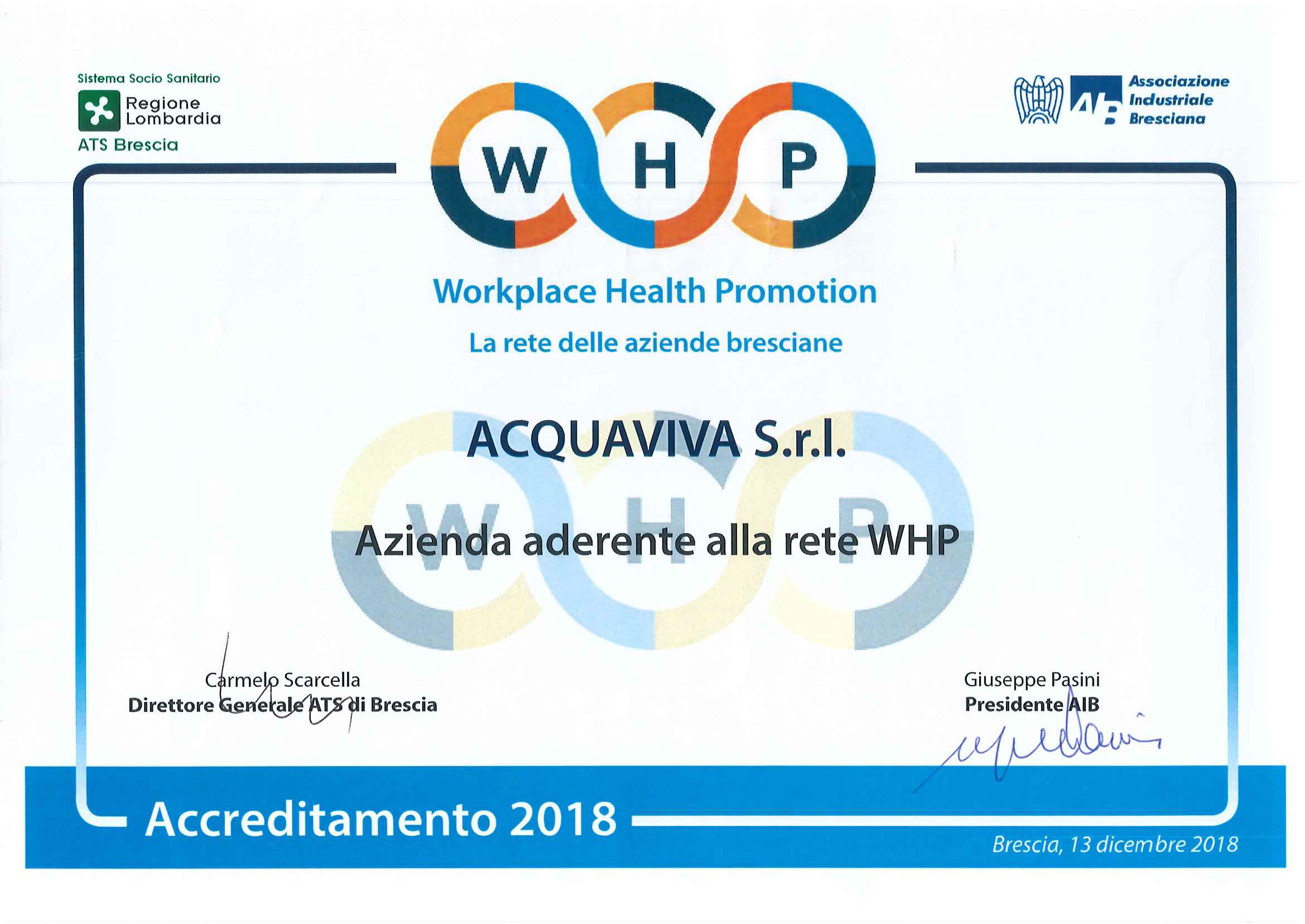 Acquaviva aderisce alla rete di imprese del programma WHP Workplace Health Promotion 