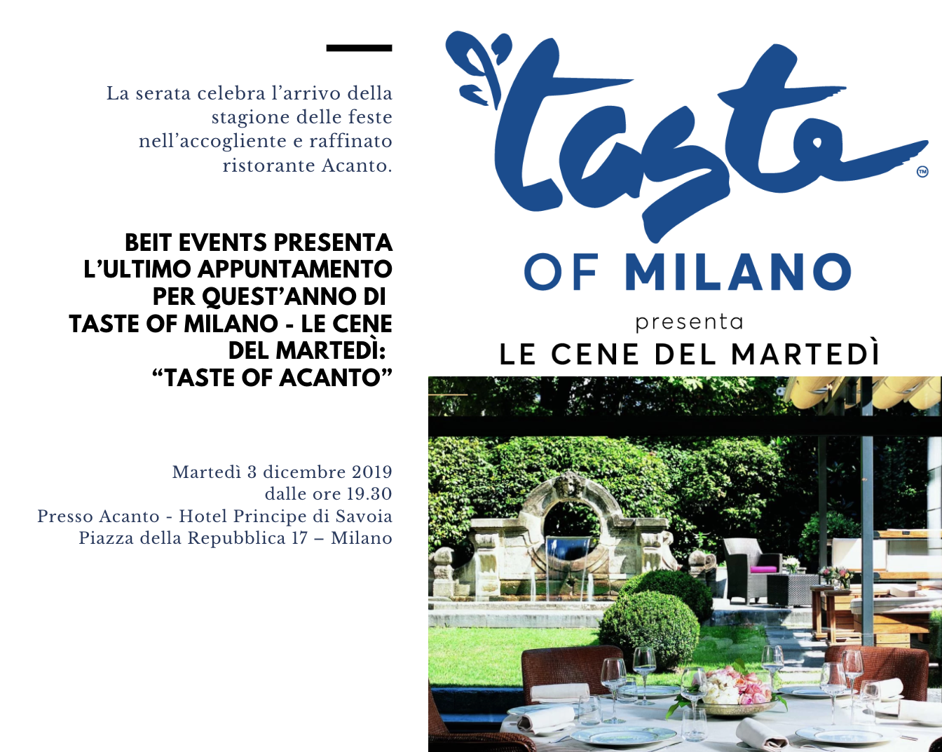 Beit Events presenta l’ultimo appuntamento per quest’anno di Taste Of Milano - Le Cene Del Martedì: “Taste Of Acanto”