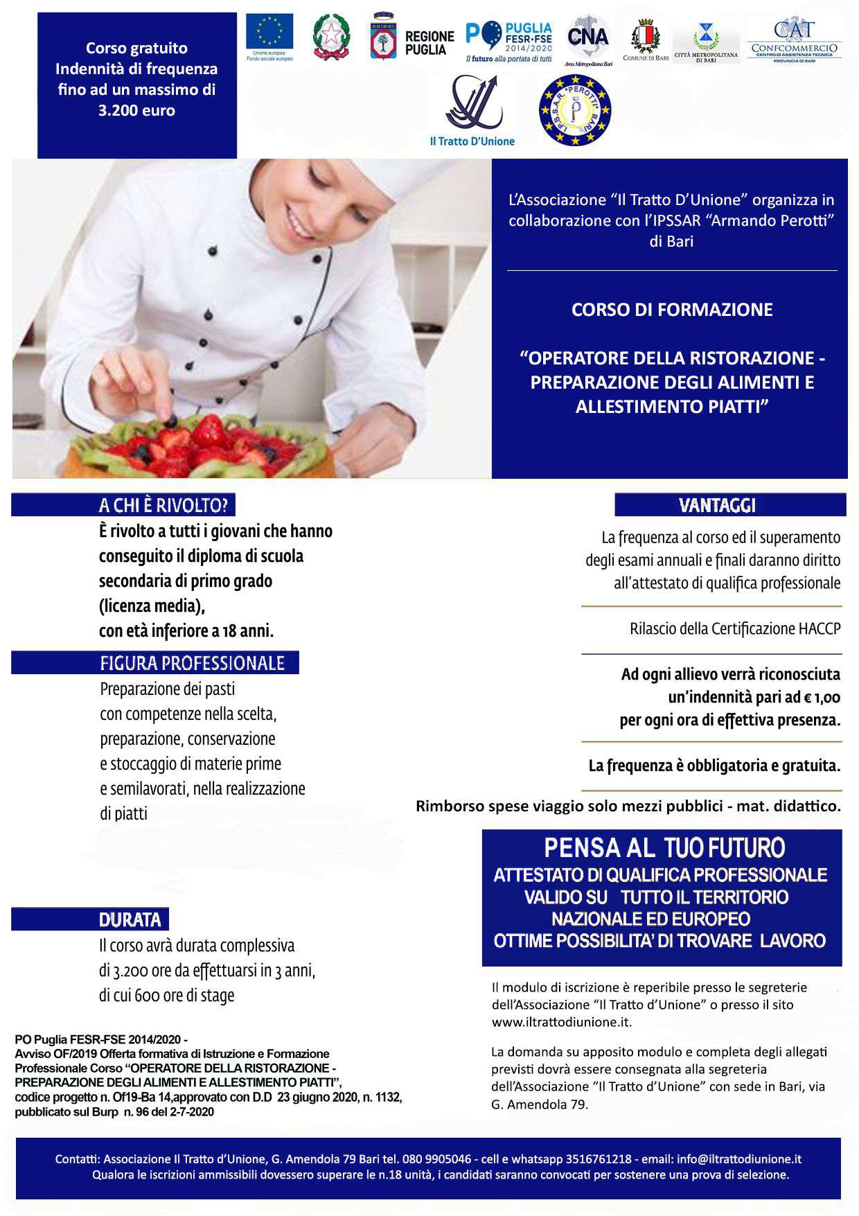 Puglia, corso triennale di operatore della ristorazione a Il Tratto di Unione a Bari