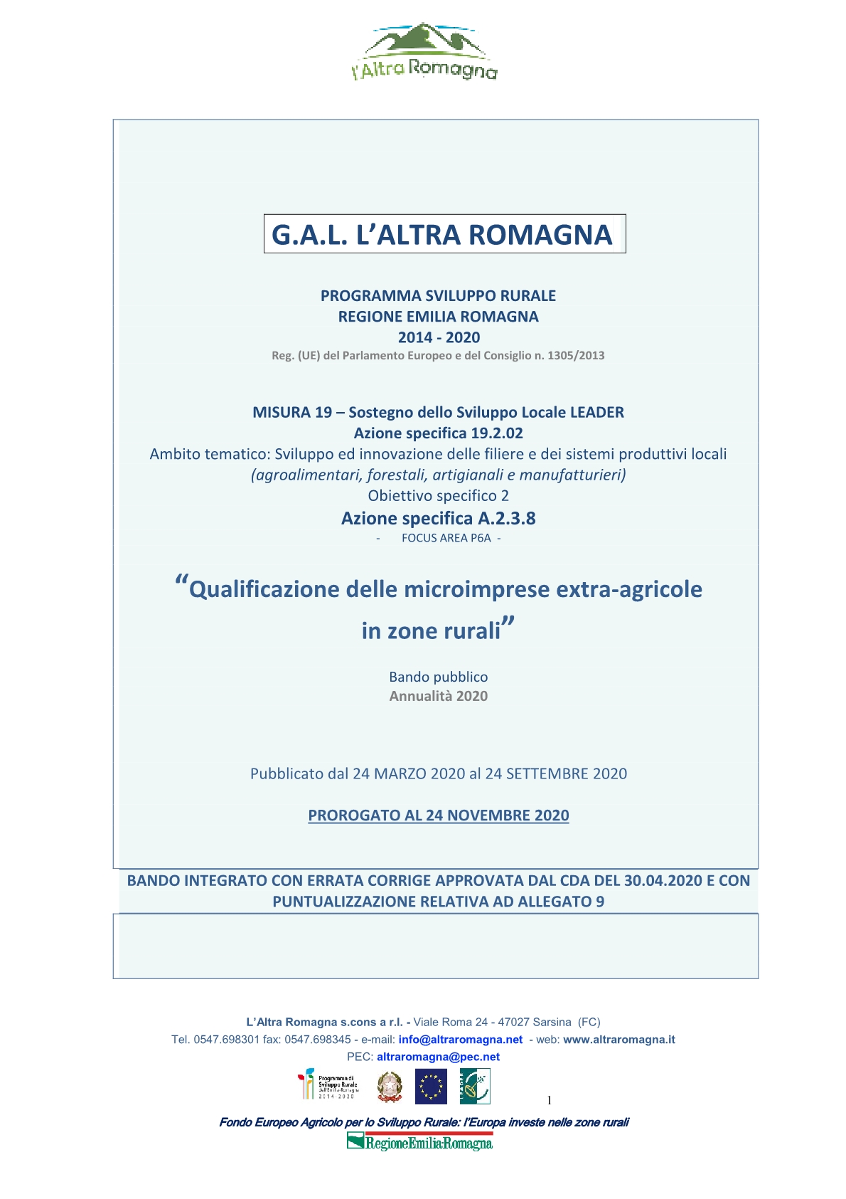 Prorogato al 24 novembre il bando del Gal l’altra Romagna “Qualificazione delle microimprese extra-agricole in zone rurali”