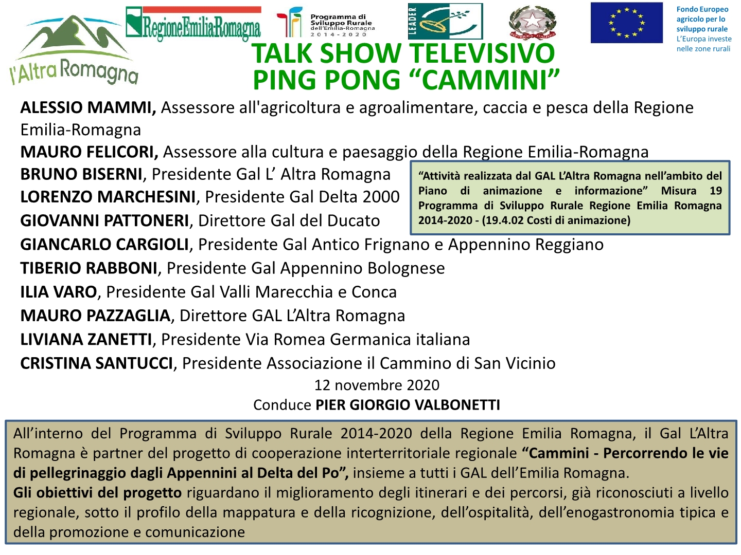 Il Gal L’Altra Romagna protagonista del talk show tv “Cammini”