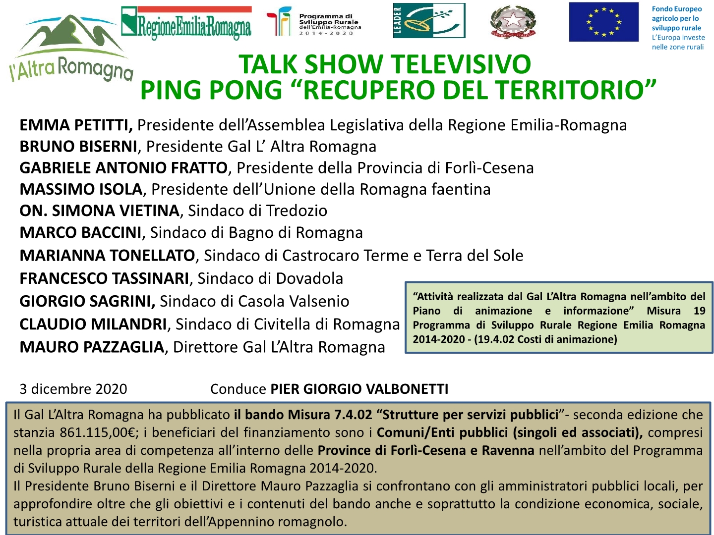 Il Gal l’Altra Romagna protagonista del talk show tv “Recupero del territorio” insieme agli amministratori pubblici locali
