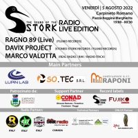 The Sound of the Stork – Radio Live Edition  con Davix Project, la voce di Marco Valotta e Ragno 89 venerdì 5 agosto, ore 19:00  Piazza Regina Margherita in Carpineto Romano