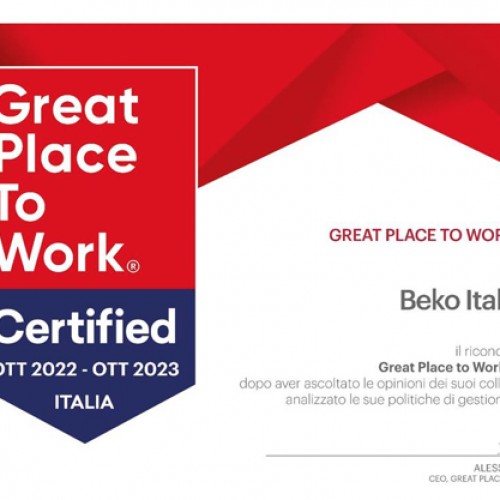 Beko Italy certificata come Great Place to Work  La qualit� del luogo di lavoro dell�azienda proprietaria dei brand Beko e Grundig � stata attestata dal Great Place to Work Institute 