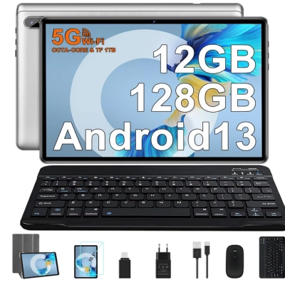 FACETEL Tablet 10 Pollici con Tastiera, Android 13, 12GB RAM+128GB ROM (TF 1TB), 5G+2.4G WiFi, Batteria 6000mAh, Doppia Camera, Bluetooth 5.0, per Studenti, Silver