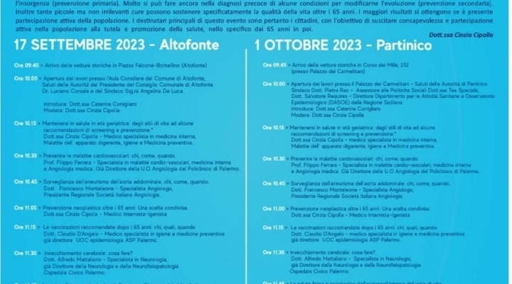 A Partinico domenica 1 ottobre il secondo incontro del  “Raduno della Salute: la prevenzione in viaggio”  a cura dell’associazione “Futuro Sicilia” e del Circolo “Vernagallo”
