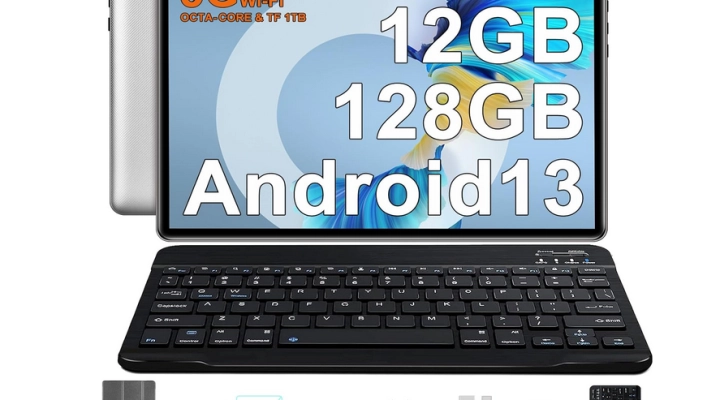 FACETEL Tablet 10 Pollici con Tastiera, Android 13, 12GB RAM+128GB ROM (TF 1TB), 5G+2.4G WiFi, Batteria 6000mAh, Doppia Camera, Bluetooth 5.0, per Studenti, Silver